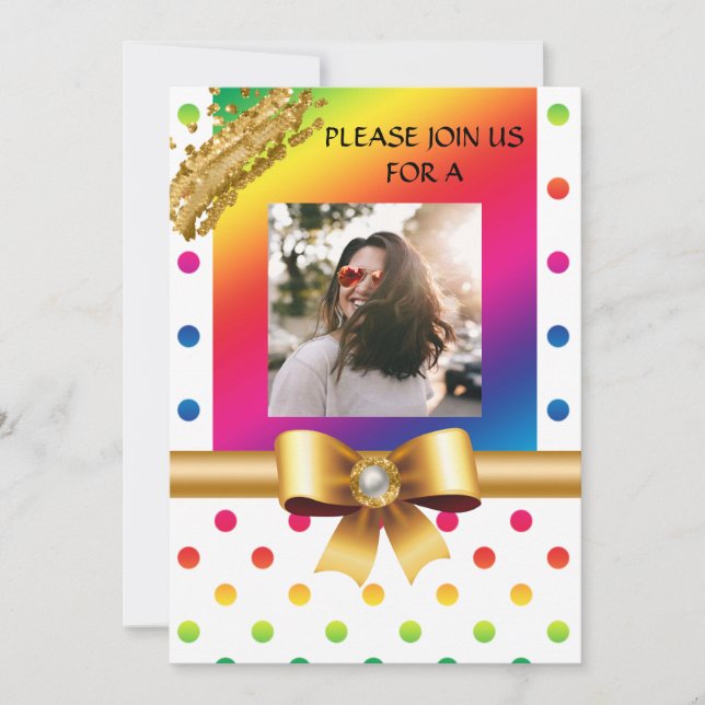 Rainbow Polka Dots & Gold Nuggets Birthday Party Invitation (Front)