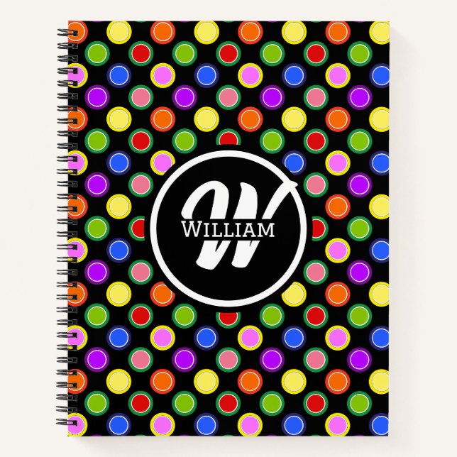 Rainbow Polka Dots Jelly Fruit Candy on Black Notebook (Front)