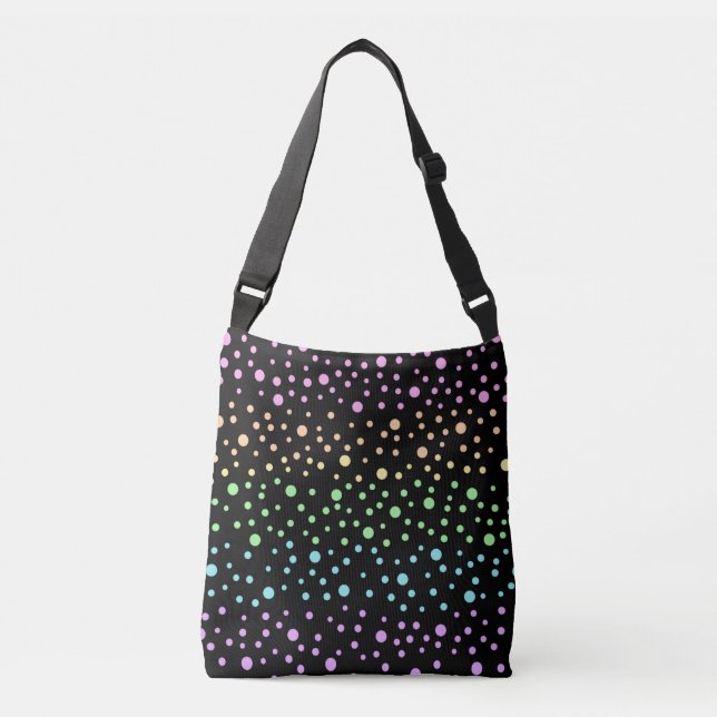 Rainbow Polka Dots on Black Crossbody Bag (Front)