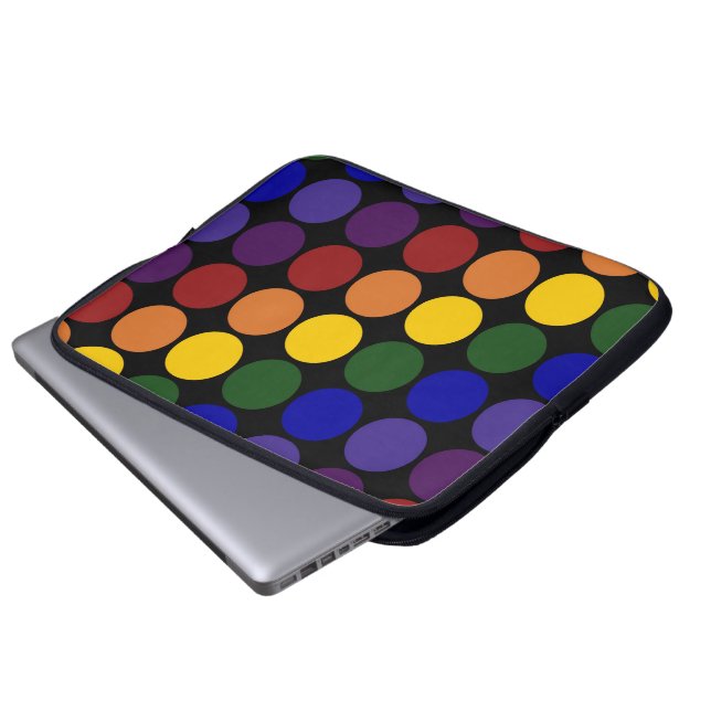 Rainbow Polka Dots on Black Laptop Sleeve (Front Bottom)