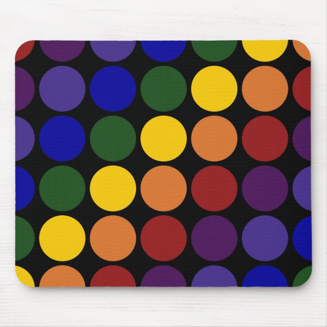 Rainbow Polka Dots on Black Mouse Mat (Front)