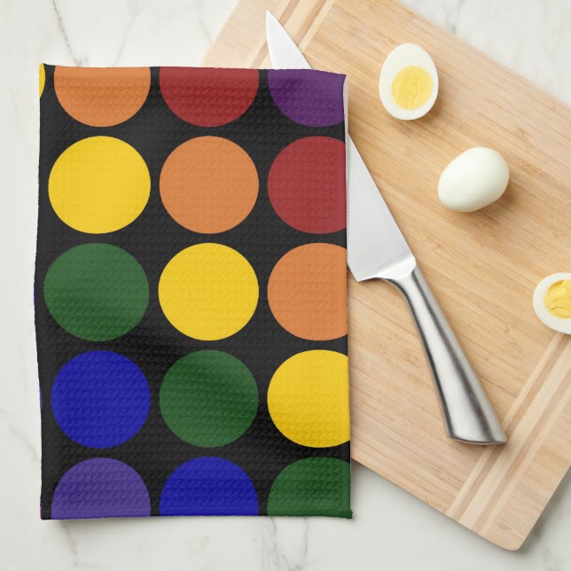 Rainbow Polka Dots on Black Tea Towel (Quarter Fold)