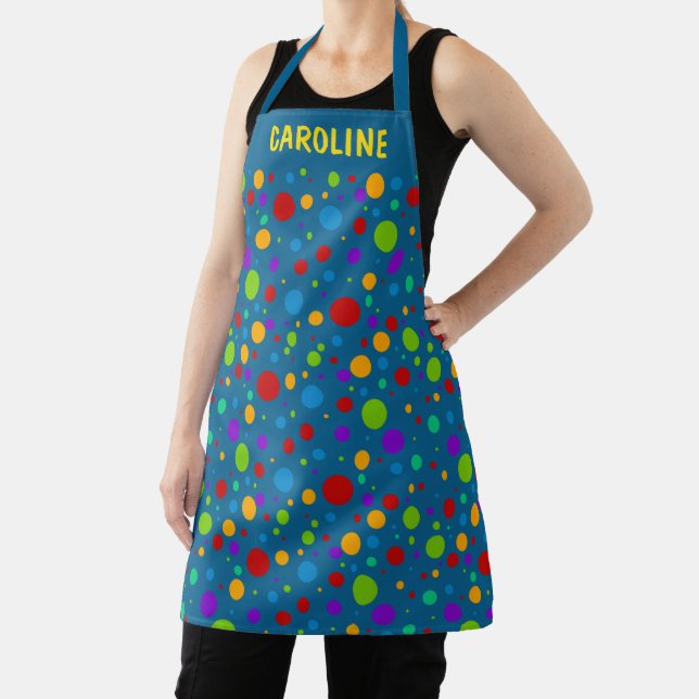 Rainbow Polka Dots on Blue Custom Apron (Insitu)