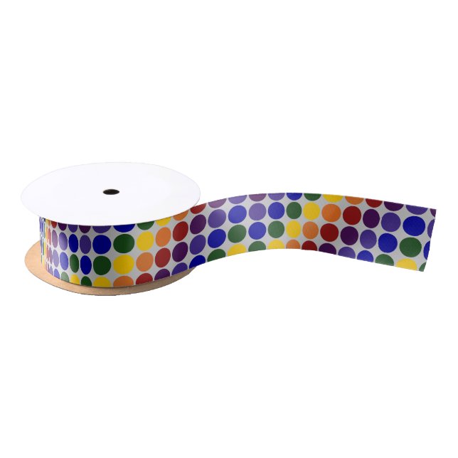 Rainbow Polka Dots on Grey Satin Ribbon (Spool)