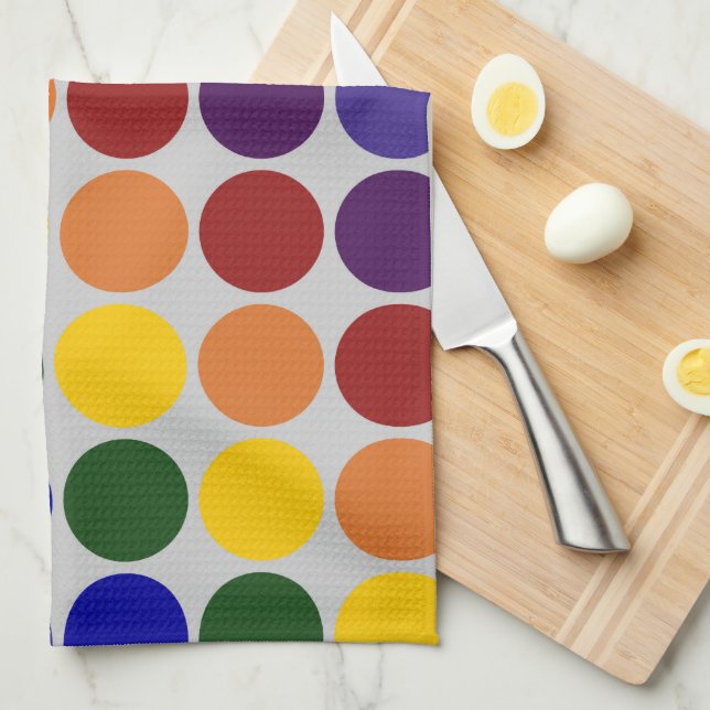 Rainbow Polka Dots on Grey Tea Towel (Quarter Fold)