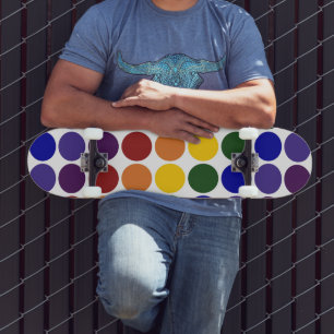 Rainbow Polka Dots on White Skateboard