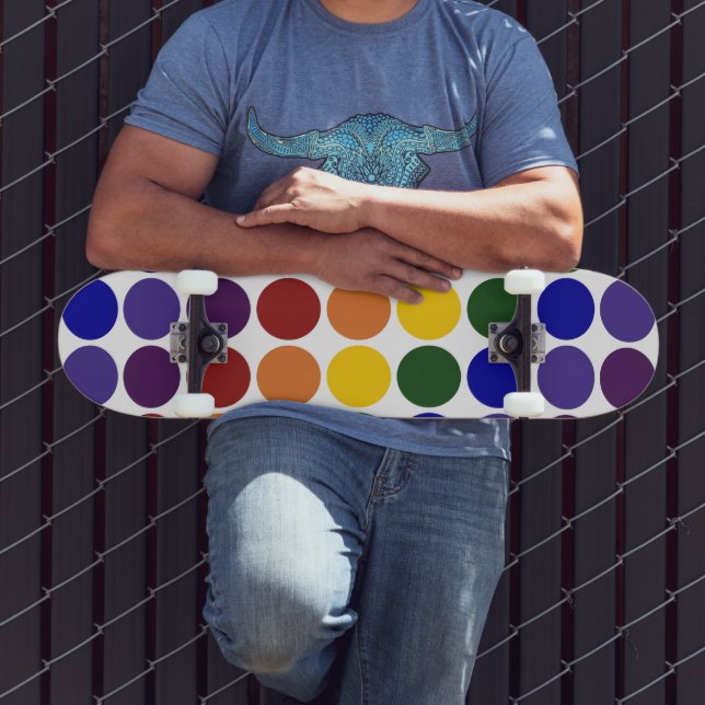 Rainbow Polka Dots on White Skateboard (Outdoor 3)