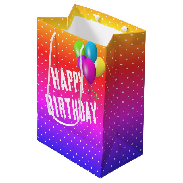 Rainbow Polka Dots With Birthday Balloons Medium Gift Bag (Front Angled)