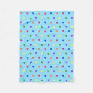 Rainbow polka hearts on baby blue fleece blanket