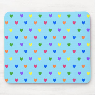 Rainbow polka hearts on baby blue mouse mat