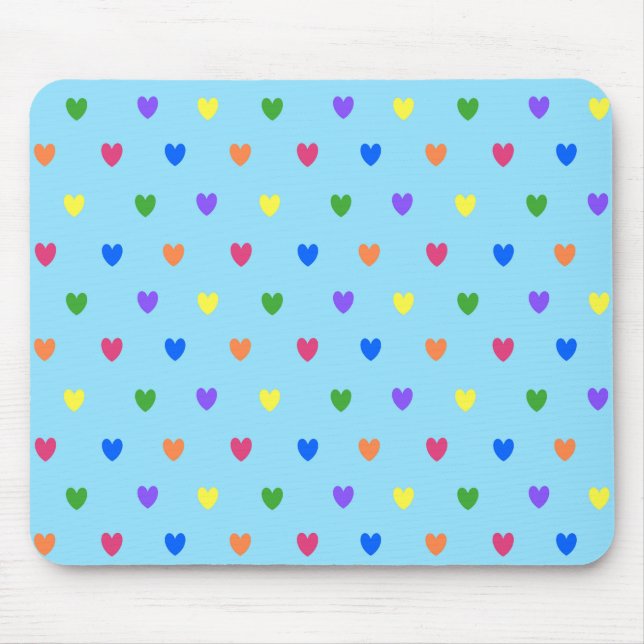 Rainbow polka hearts on baby blue mouse mat (Front)