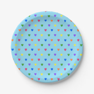 Rainbow polka hearts on baby blue paper plate