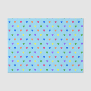 Rainbow polka hearts on baby blue tissue paper