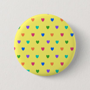 Rainbow polka hearts on yellow 6 cm round badge