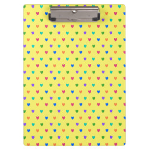Rainbow polka hearts on yellow clipboard