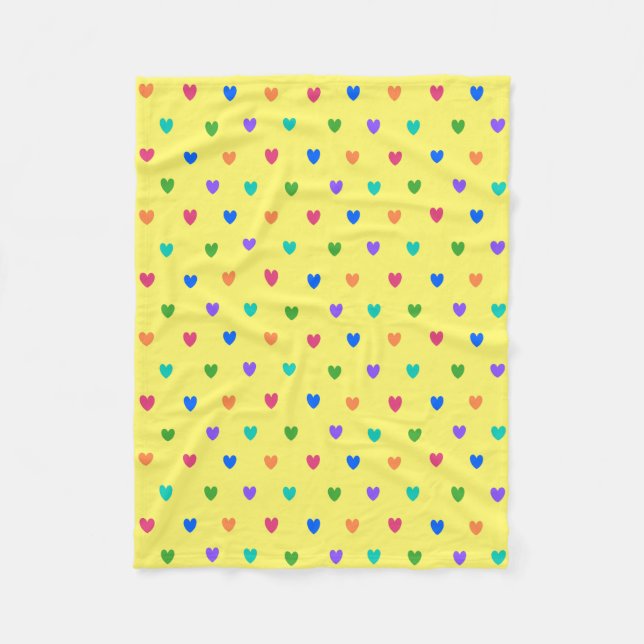 Rainbow polka hearts on yellow fleece blanket (Front)