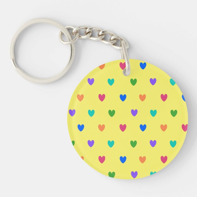 Rainbow polka hearts on yellow key ring (Front)