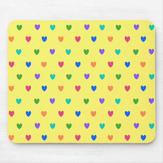 Rainbow polka hearts on yellow mouse mat (Front)