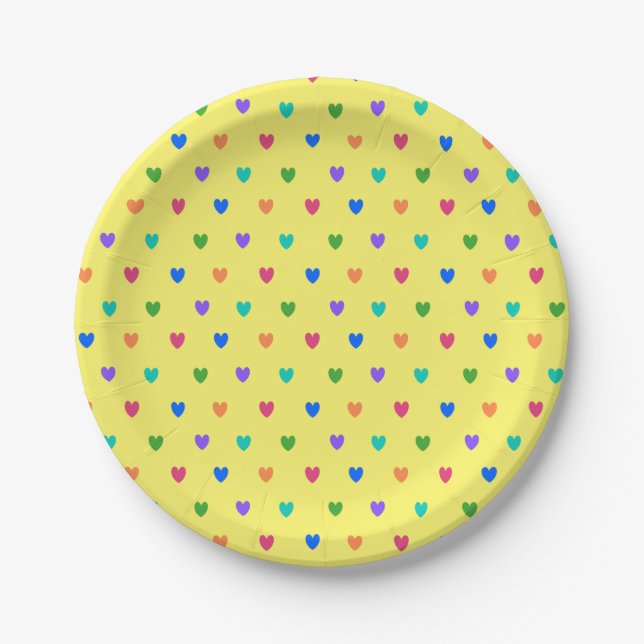 Rainbow polka hearts on yellow paper plate (Front)