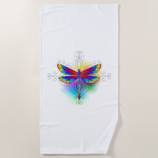 Rainbow Polygonal Dragonfly Beach Towel (Front)