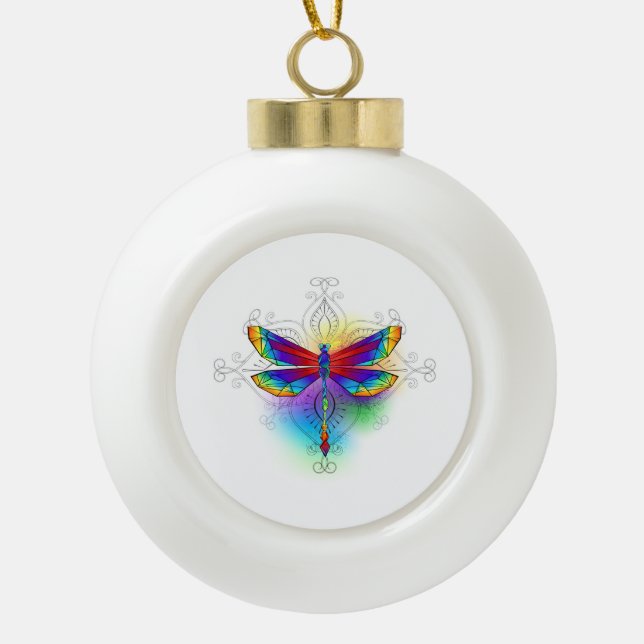 Rainbow Polygonal Dragonfly Ceramic Ball Christmas Ornament (Front)