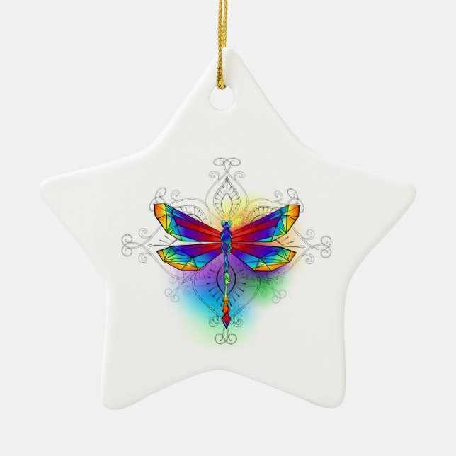 Rainbow Polygonal Dragonfly Ceramic Tree Decoration (Front)
