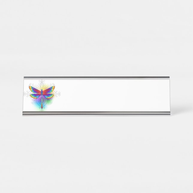 Rainbow Polygonal Dragonfly Desk Name Plate (Front)