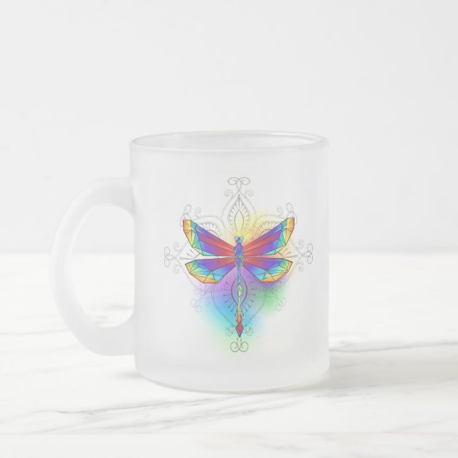 Rainbow Polygonal Dragonfly Frosted Glass Coffee Mug (Left)