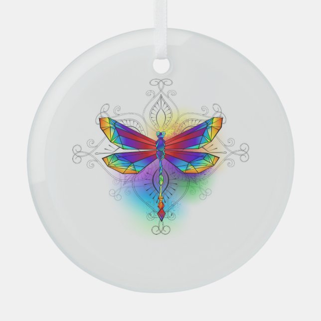 Rainbow Polygonal Dragonfly Glass Tree Decoration (Front)