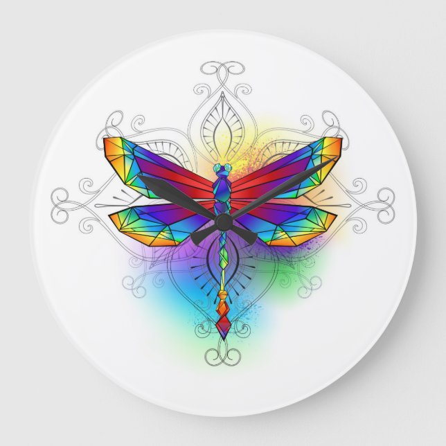 Rainbow Polygonal Dragonfly Large Clock (Front)