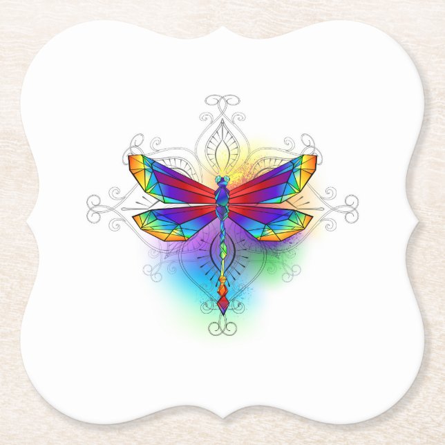Rainbow Polygonal Dragonfly Paper Coaster (Front)