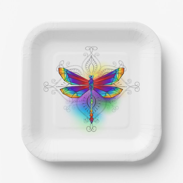 Rainbow Polygonal Dragonfly Paper Plate (Front)