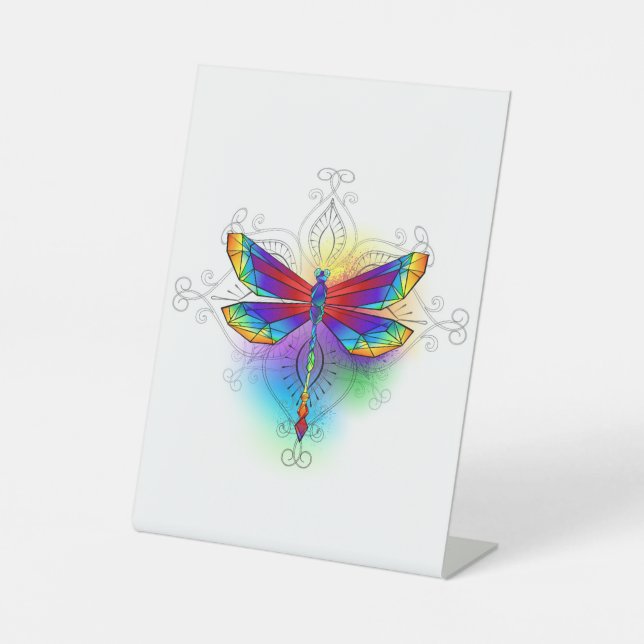 Rainbow Polygonal Dragonfly Pedestal Sign (Front)