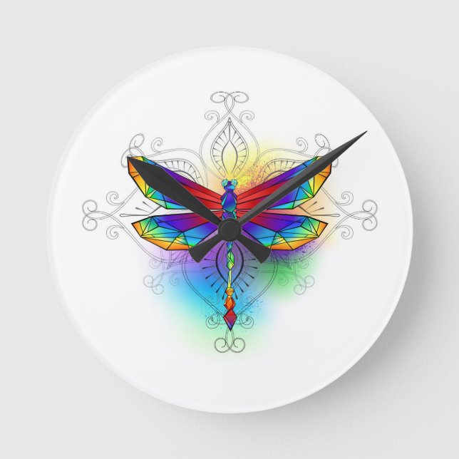 Rainbow Polygonal Dragonfly Round Clock (Front)
