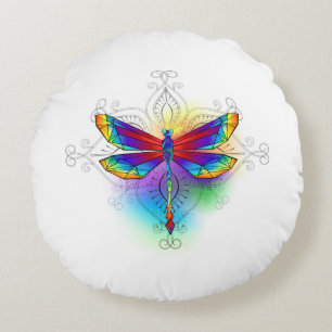 Rainbow Polygonal Dragonfly Round Cushion