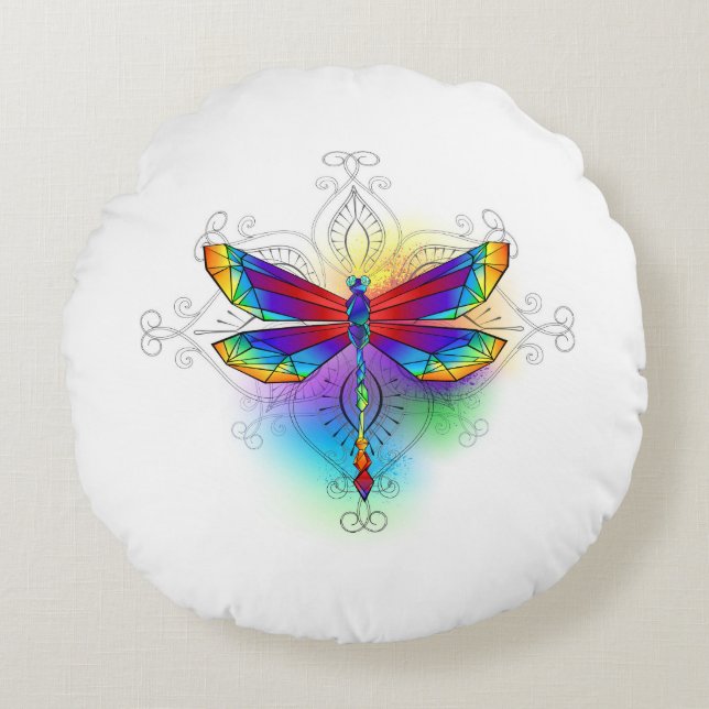 Rainbow Polygonal Dragonfly Round Cushion (Front)