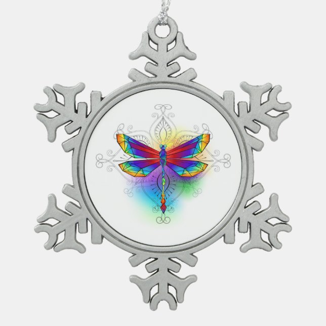 Rainbow Polygonal Dragonfly Snowflake Pewter Christmas Ornament (Front)