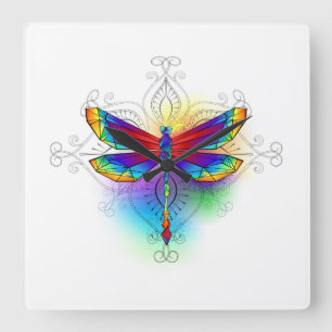 Rainbow Polygonal Dragonfly Square Wall Clock