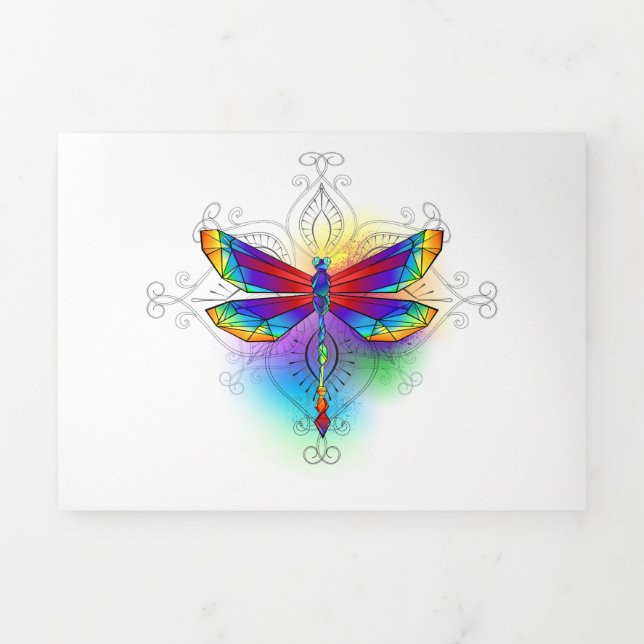 Rainbow Polygonal Dragonfly Tri-Fold Holiday Card (Cover)