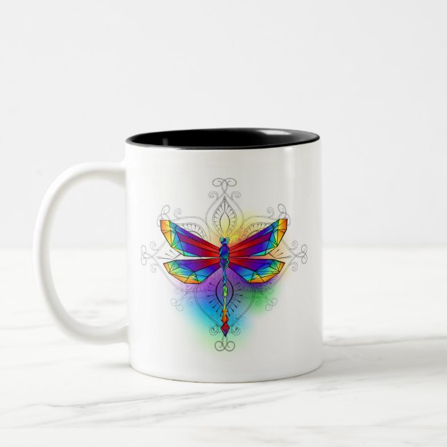 Rainbow Polygonal Dragonfly Two-Tone Coffee Mug (Left)