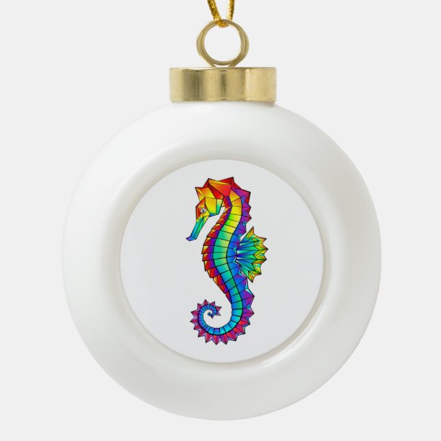 Rainbow Polygonal Seahorse Ceramic Ball Christmas Ornament (Front)