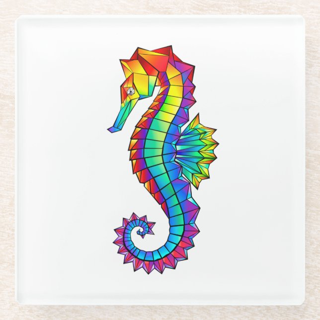 Rainbow Polygonal Seahorse Glass Coaster (Front)