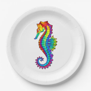 Rainbow Polygonal Seahorse Paper Plate