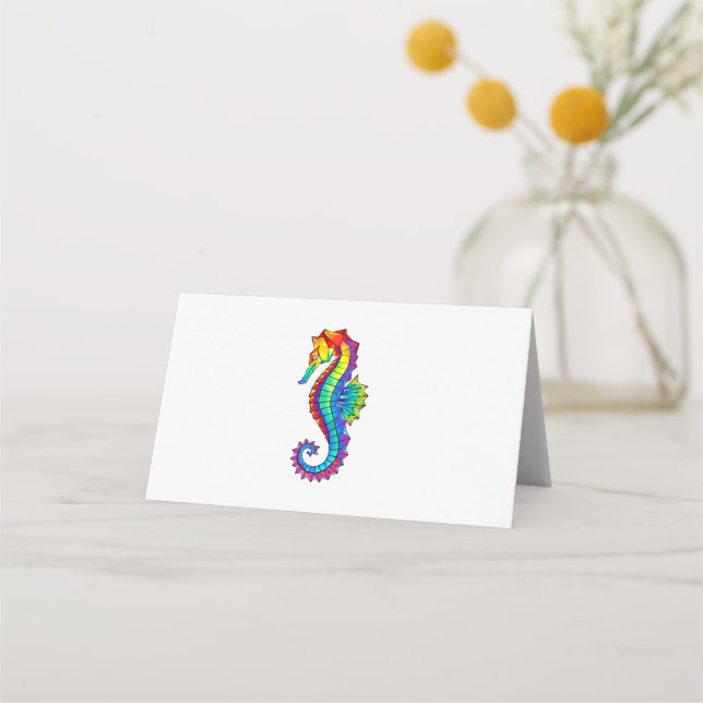 Rainbow Polygonal Seahorse Place Card (Front)
