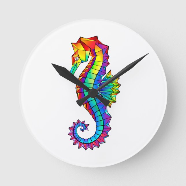 Rainbow Polygonal Seahorse Round Clock (Front)
