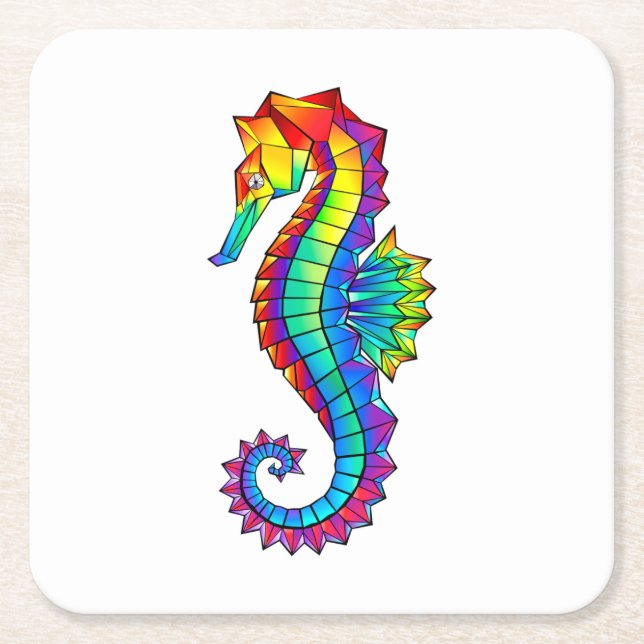 Rainbow Polygonal Seahorse Square Paper Coaster (Front)