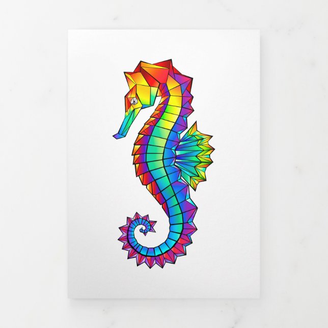 Rainbow Polygonal Seahorse Tri-Fold Holiday Card (Cover)