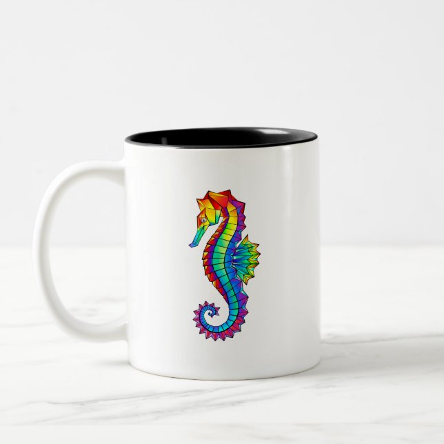 Rainbow Polygonal Seahorse Two-Tone Coffee Mug (Left)