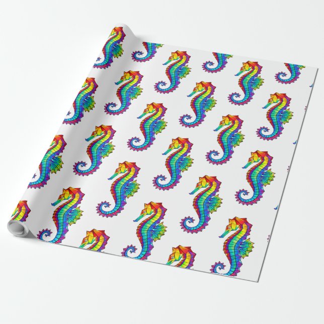 Rainbow Polygonal Seahorse Wrapping Paper (Unrolled)