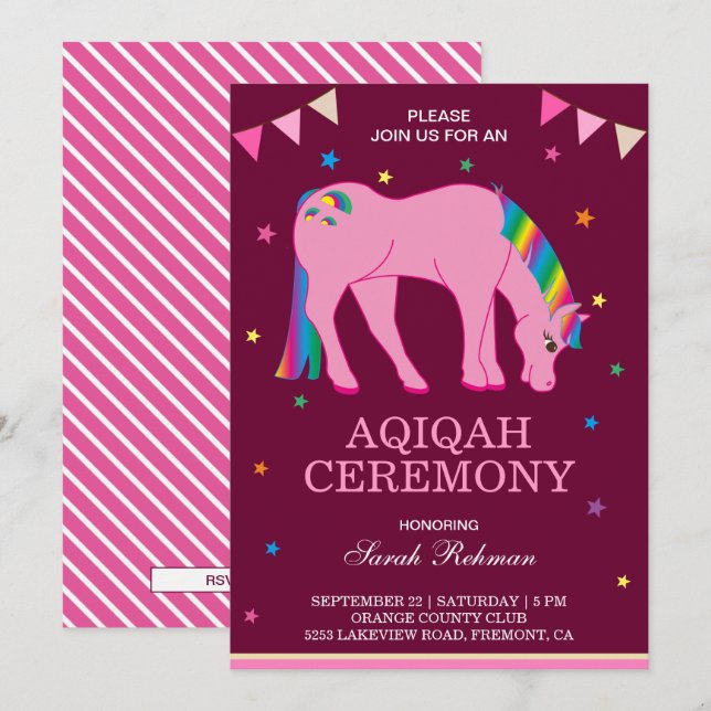 Rainbow Pony Baby Girl Aqiqah Invitation (Front/Back)